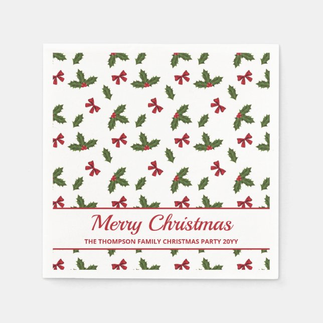 Rote Bogen und Weihnachts-Holzosen-Muster und Text Serviette (Vorderseite)