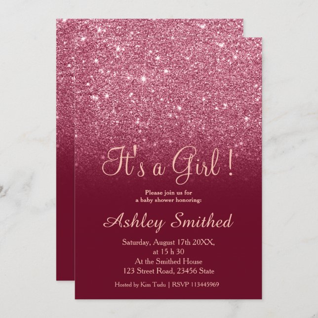 Rote Bordeaux-Glitzer-Chic-Obro-Girl-Dusche Einladung (Vorne/Hinten)