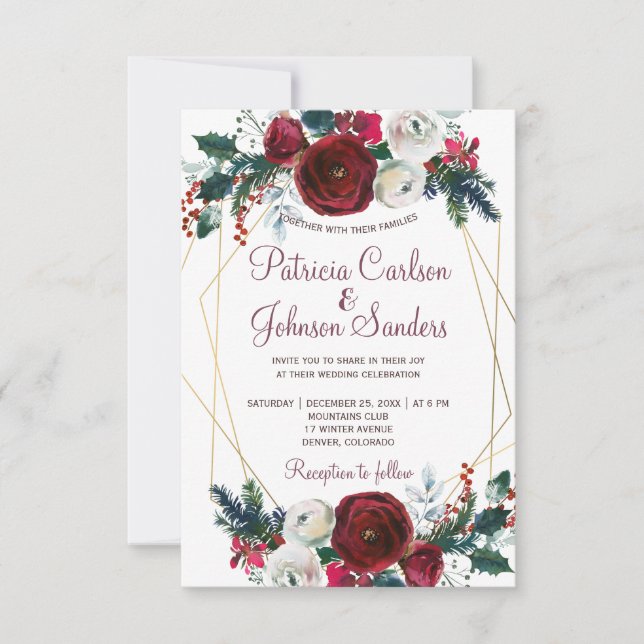 Rote bordeauxfarbene Zwerge Goldrahmen Hochzeit Einladung (Vorderseite)