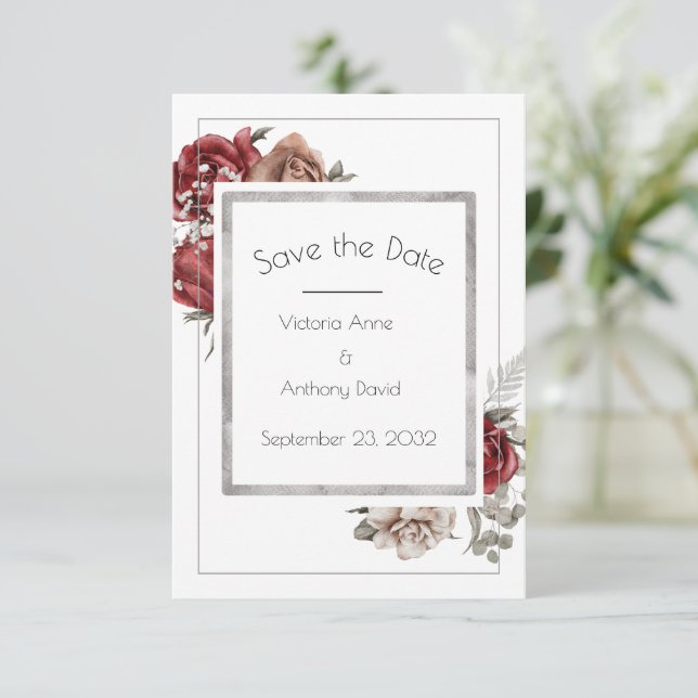 Rote braune Rose Wasserfarben Save The Date (Stehend Vorderseite)