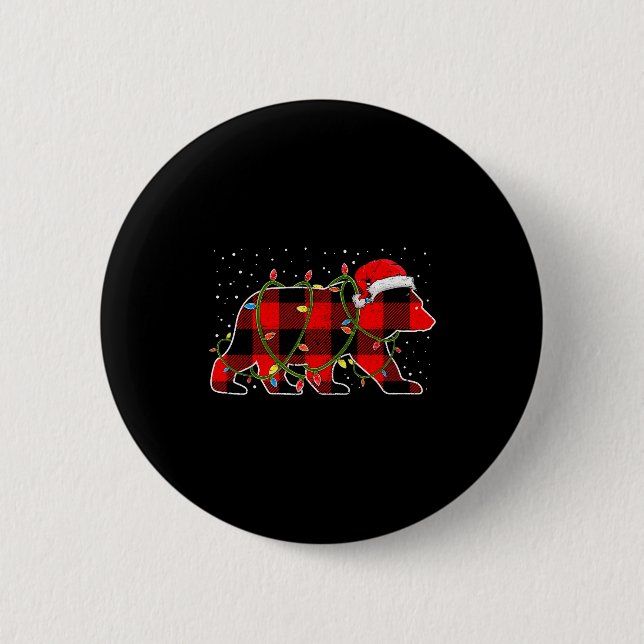 Rote Büffel-Karo Weihnachtsbaum-Licht-Bär-Pyjama Button (Vorderseite)