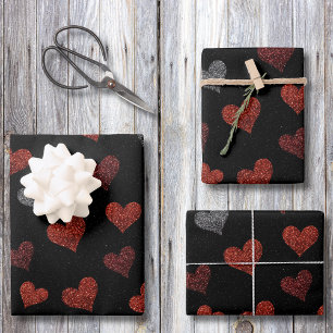 Rote Burgunder-Silber-Glitter-Herzen auf Schwarz Geschenkpapier Set