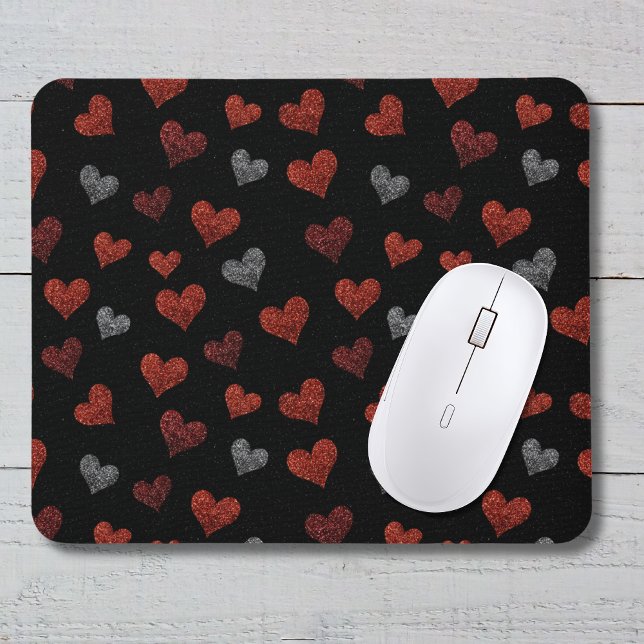 Rote Burgunder Silber Glitter Herzen auf Schwarz Mousepad (Von Creator hochgeladen)