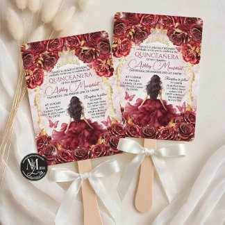 Rote Burgunder- und Gold-Blumenrosen Quinceañera Einladung