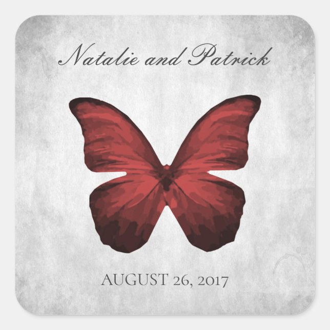 Rote Butterfly-Hochzeitsticker Quadratischer Aufkleber (Vorderseite)