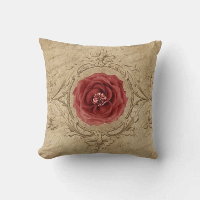Rote Cabbage-Rose in antiken Rahmen Kissen (Vorderseite)