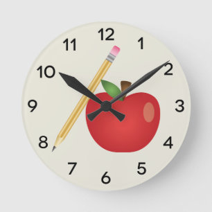 Rote Cartoon-Apfel und gelber Bleistift Runde Wanduhr