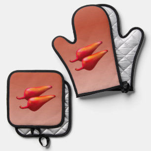 Rote Chili Paprika silberne Ofenhandschuhe Topflap Ofenhandschuh & Topflappen-Set