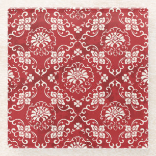 Rote chinesische Spiralen-Blumen Hintergrund. Glasuntersetzer