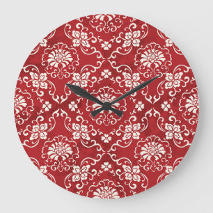 Rote chinesische Spiralen-Blumen Hintergrund. Große Wanduhr