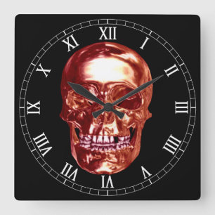 Rote Chrome-Totenkopf-Uhr mit römischen Ziffern im Quadratische Wanduhr