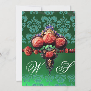 ROTE CORAL-ROSE, BLUE BLACK GREEN DAMASK MONOGRAMM EINLADUNG