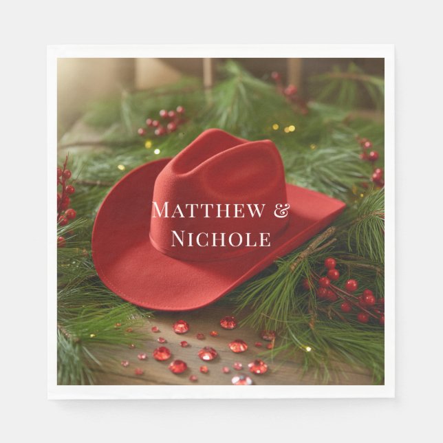 Rote Cowboy-Hut-Weihnachtshochzeit Serviette (Vorderseite)