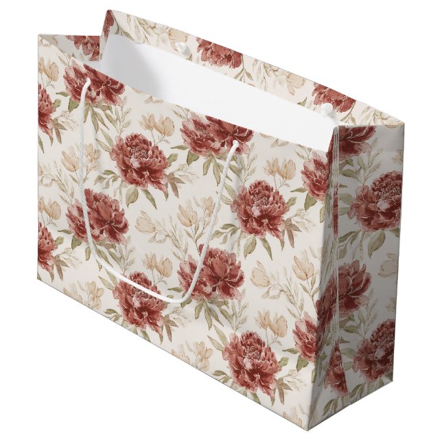 Rote Creme Blumen Brautparty Große Geschenktüte (Vorderseite Schrägansicht)