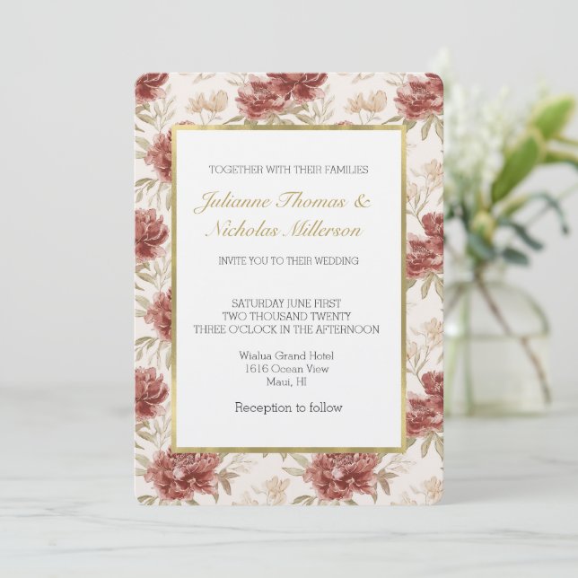 Rote Creme Blumen Hochzeit Einladung (Stehend Vorderseite)