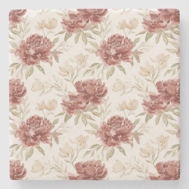 Rote Creme Blumen Steinuntersetzer (Vorderseite)