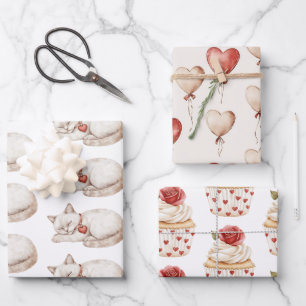 Rote Creme Herz Balloons Katzen Cupcakes Geburtsta Geschenkpapier Set