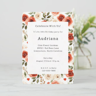 Rote Creme Herz und Blume Geburtstag Einladung