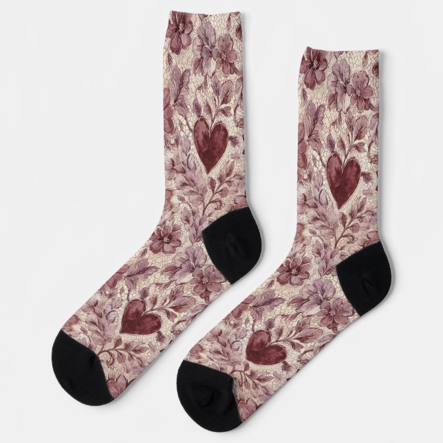Rote Creme-Herzen Floral Socken (Linkes Detail)