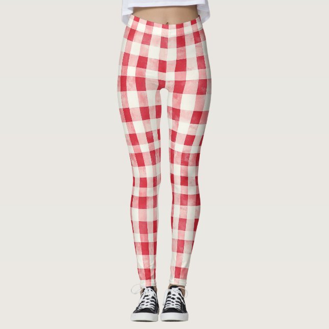 Rote Creme Karierte Streifen   Leggings (Vorderseite)