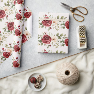 Rote Creme Rose Goldhochzeit Geschenkpapier