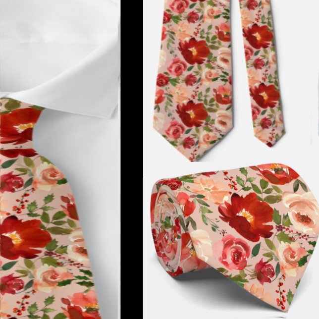 Rote Creme Wasserfarben Rose Neck Tie Krawatte (Von Creator hochgeladen)