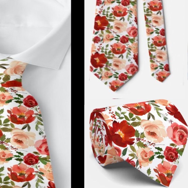 Rote Creme Wasserfarben Rose Neck Tie Krawatte (Von Creator hochgeladen)
