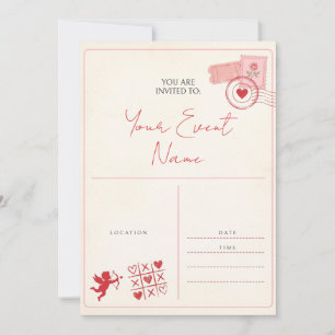 Rote Cupid-Rosen-Briefmarke Vintage-Postkarten-Ein Einladung