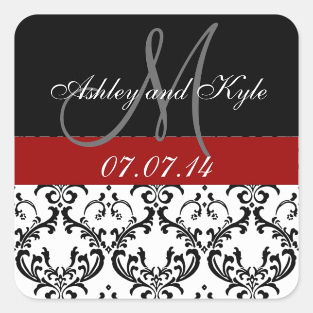 Rote Damask Monogram Save the Date Stickers (Vorderseite)