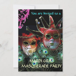 ROTE DAMEN- UND NARREN-MASKEN MIT  PFauenfedern Einladung