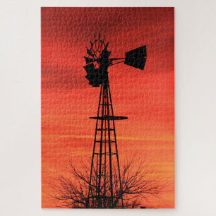 Rote Dämmerung Kansas Sonnenuntergang Windmühlen-S Puzzle
