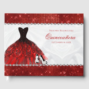 Rote Diamant-Funkel-Glamour-Quinceañera Gästebuch