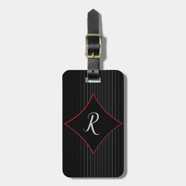 Rote Diamantbesetzte Monogramm Schwarz Graue Pinst Gepäckanhänger (Vorderseite vertikal)