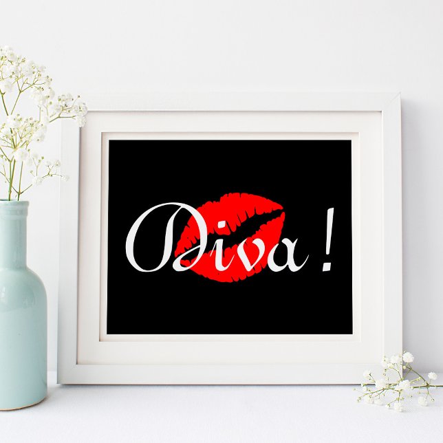 Rote Diva-Kuss Poster (Red Diva Kiss on Black Poster)