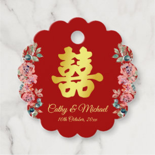 Rote doppelte Glück floral chinesische Hochzeit Geschenkanhänger