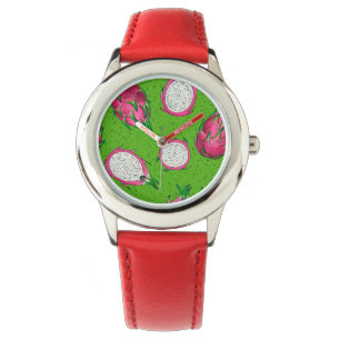 Rote Drachenfrucht auf Grün Armbanduhr