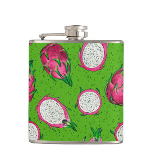 Rote Drachenfrucht auf Grün Flachmann