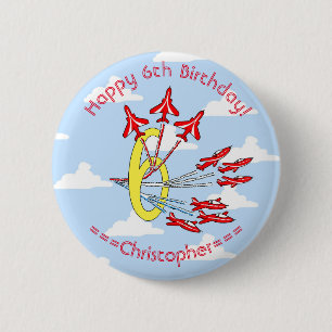 Rote Düsenflugzeuge 6. Geburtstag Blauer Himmel Button