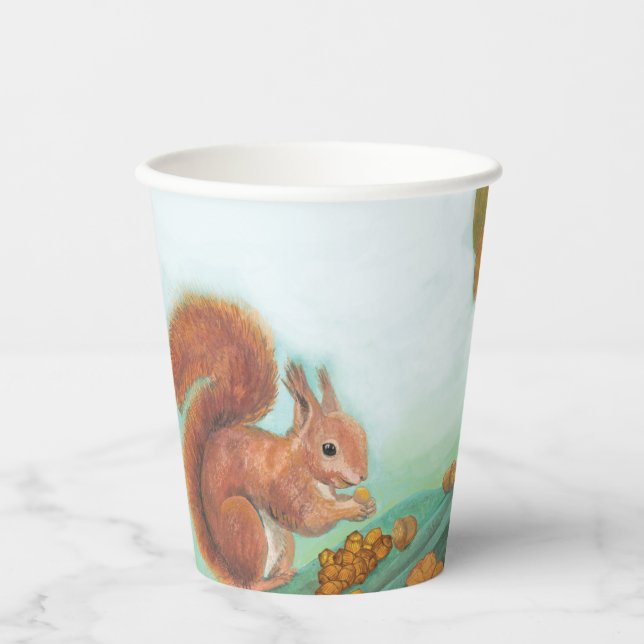 Rote Eichhörnchen essen Haselnüsse Illustration Pappbecher (Vorderseite)