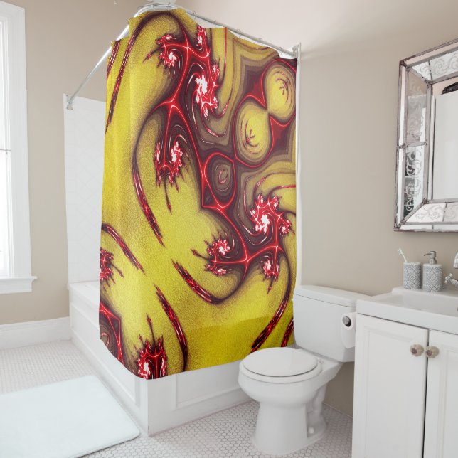 Rote Eidechse aus Fraktal auf ockerfarbenem Sand Duschvorhang (Beispiel)