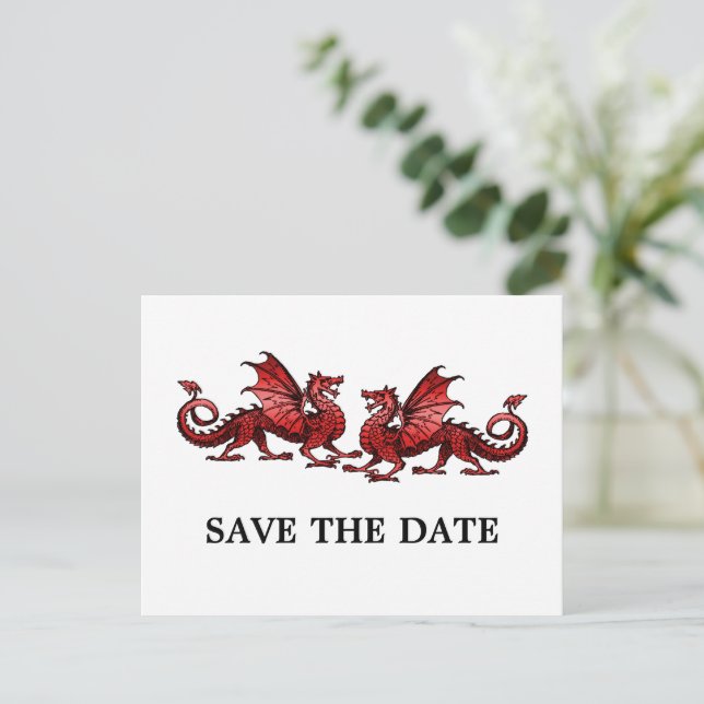 Rote Elegante Drachen Save the Date Postkarte (Stehend Vorderseite)