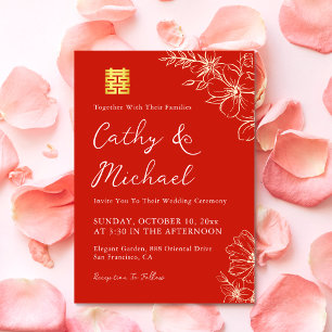 Rote elegante florale chinesische Hochzeitsteezere Einladung