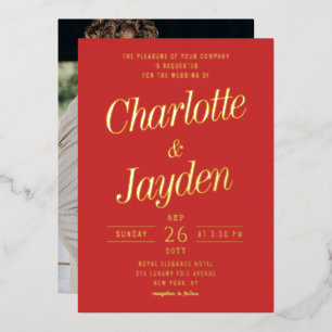 Rote elegante Folien-Schrift-Foto-Hochzeit Folieneinladung