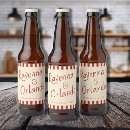Rote Elfenbein-Streifen Retro-Minimalist-Hochzeit Bierflaschenetikett