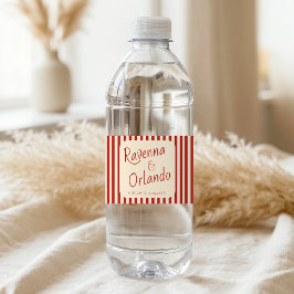 Rote Elfenbein-Streifen Retro-Minimalist-Hochzeit Wasserflaschenetikett