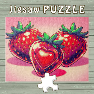 Rote Erdbeere mit Herz süße Zeichnung - Puzzle