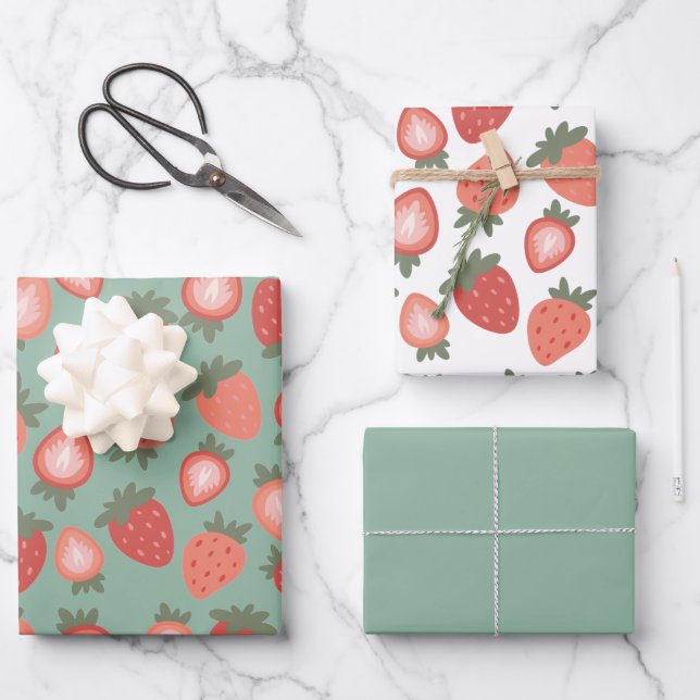 Rote Erdbeere Nahtloses Muster Geschenkpapier Set (Vorderseite)