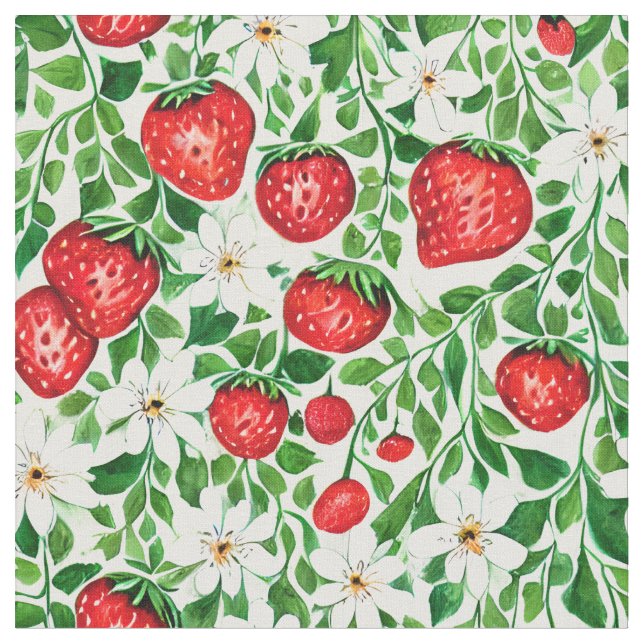 Rote Erdbeeren und weiße Blume Stoff (Nahaufnahme)