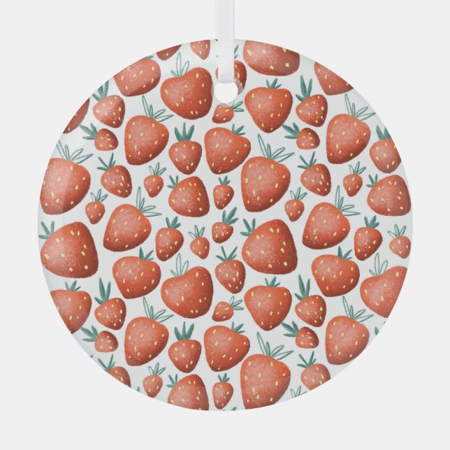 Rote Erdbeeren weißer Hintergrund Nahtlos Ornament Aus Glas (Vorderseite)
