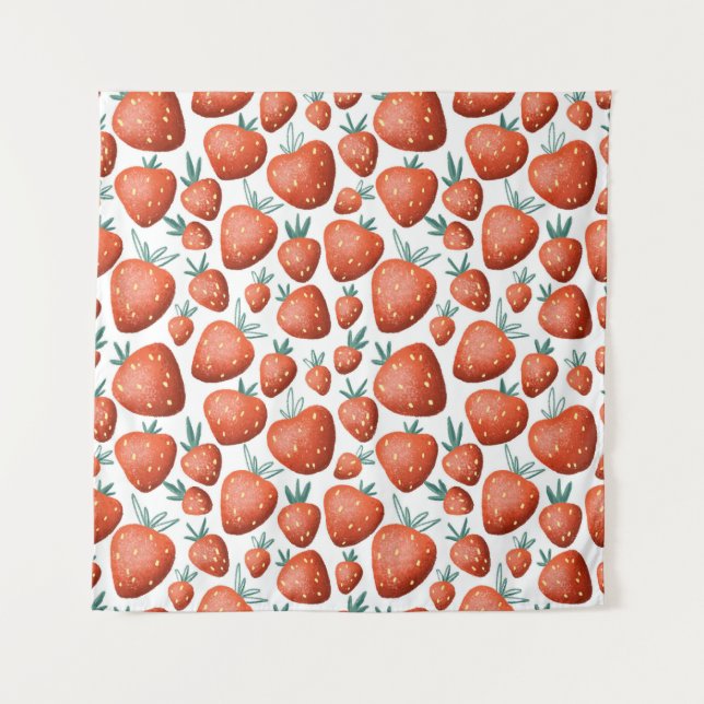 Rote Erdbeeren weißer Hintergrund Nahtlos Wandteppich (Vorderseite)